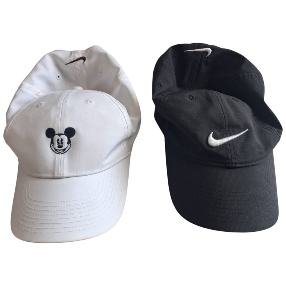 Lot of 2 Nike Mickey Mouse Disney Hats Golf Dri-FIT Swoosh Black White